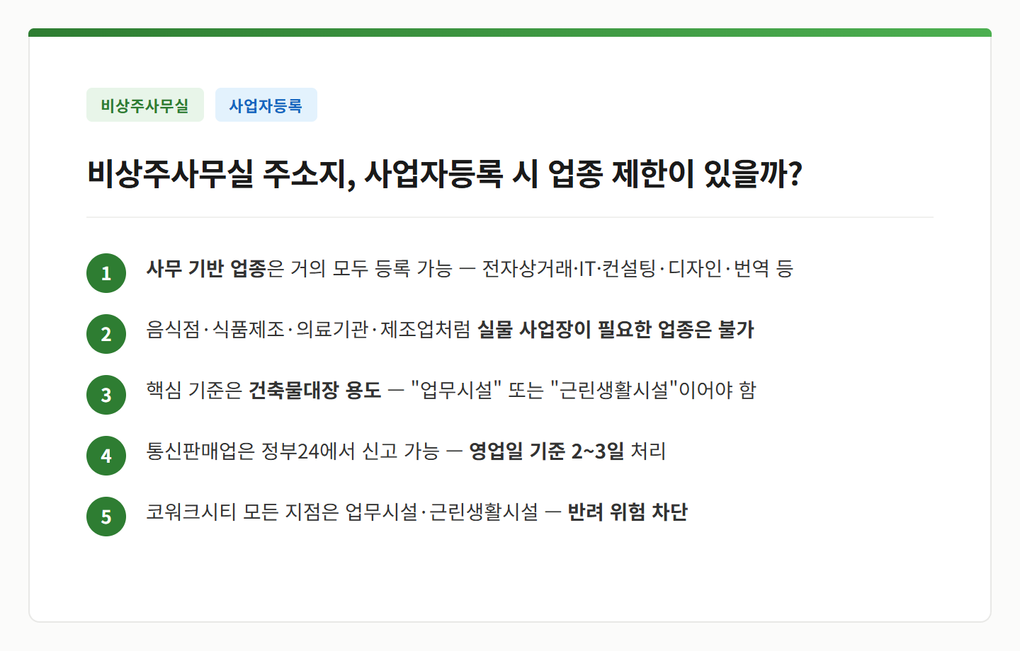 비상주사무실 업종 제한 핵심 요약 — 사무 기반 업종 가능, 실물 사업장 필요 업종 불가, 건축물대장 용도 핵심
